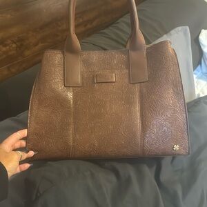 Structured Brown Satchel with Metallic Accents